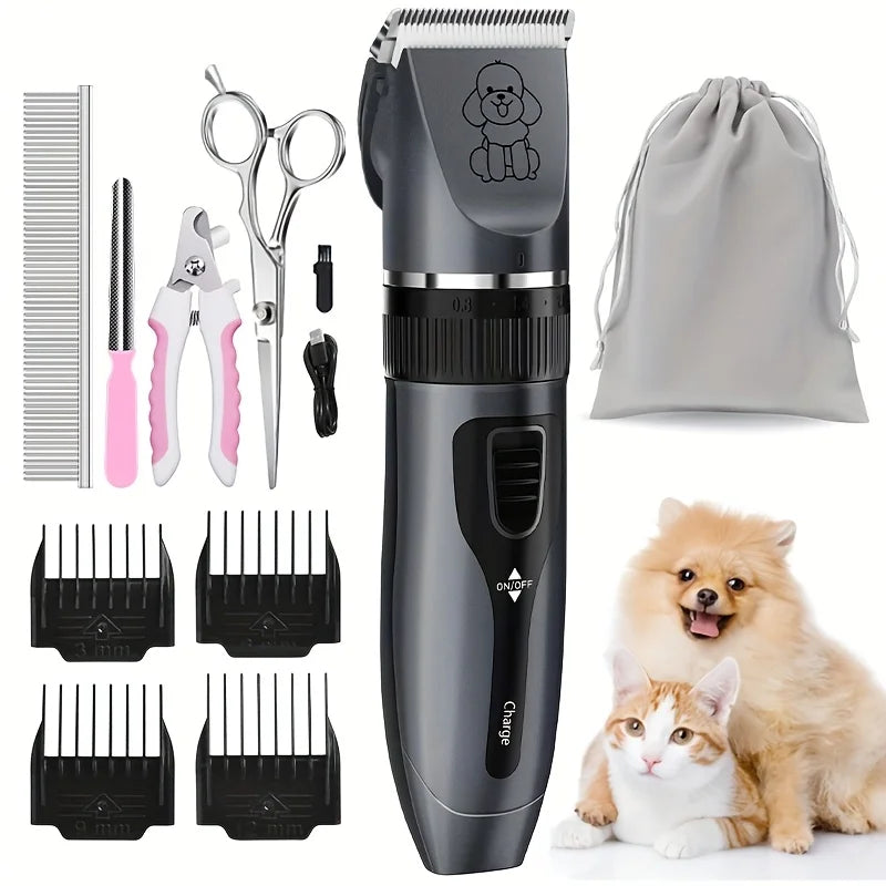 Professional Pet Grooming Clipper Kit. Rechargeable Hair Trimmer with Ceramic Blade.  USB Charging, Low Noise, Adjustable, Guide Combs for Dogs Cats and Small Animals Home Grooming Use