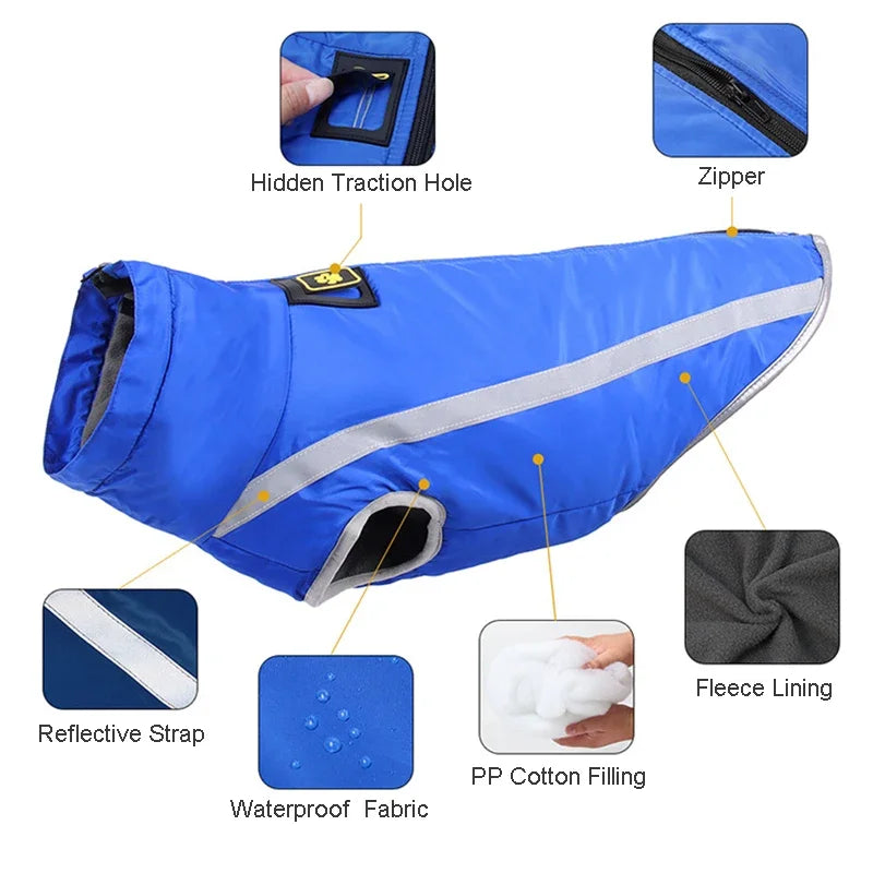 Waterproof Dog Clothes for Large Pets, Winter Warm Big Dog Jackets, Padded Fleece, Pet Coat Safety Reflective Design,