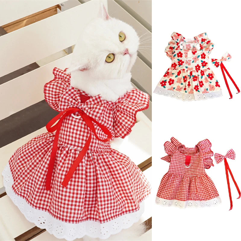 Summer Pet Dress Floral Pattern Plaid Skirts Cat Princess Dresses