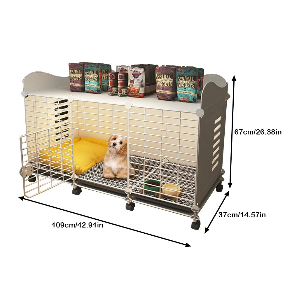 Indoor Dog House with Wheels & Storage Tray, Wired Cage Crate Dog Kennel, Pet Crate for Small/Medium/Large Dog