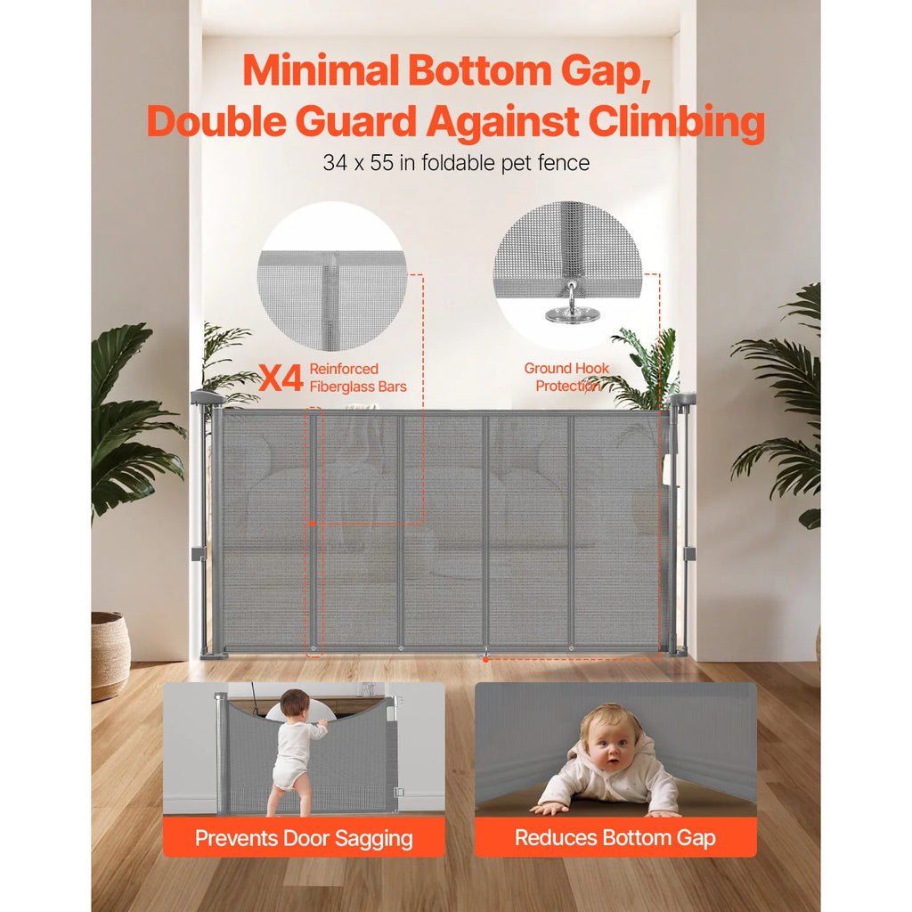 Retractable Baby Gate 34in Tall, Extends Wide, Retractable Gate for Kids, Pets, Mesh Material, Easy to Install