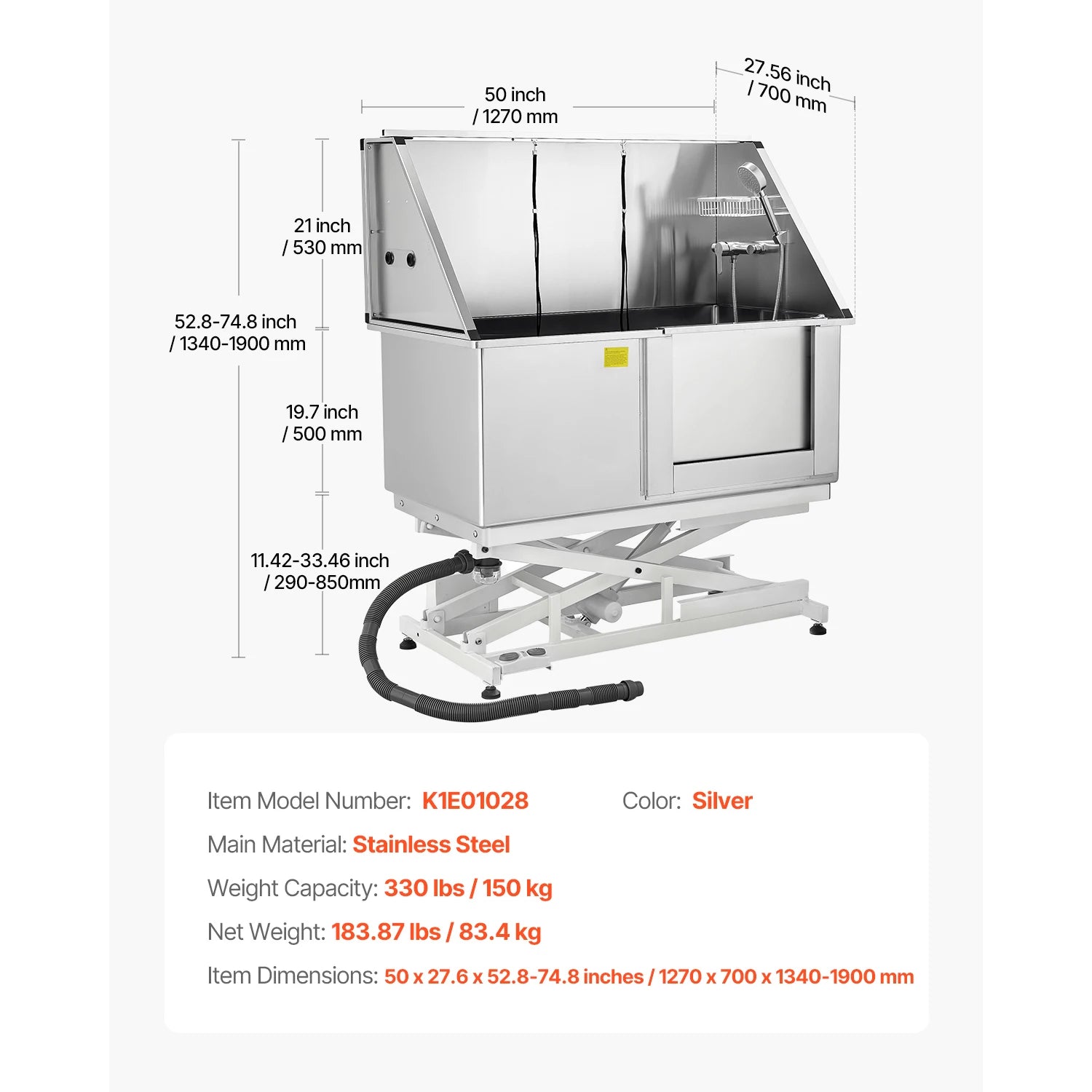 Electric Lift Dog Washing Station 50in Professional Stainless Steel w/PE Water Filter Board Faucet & Showerhead
