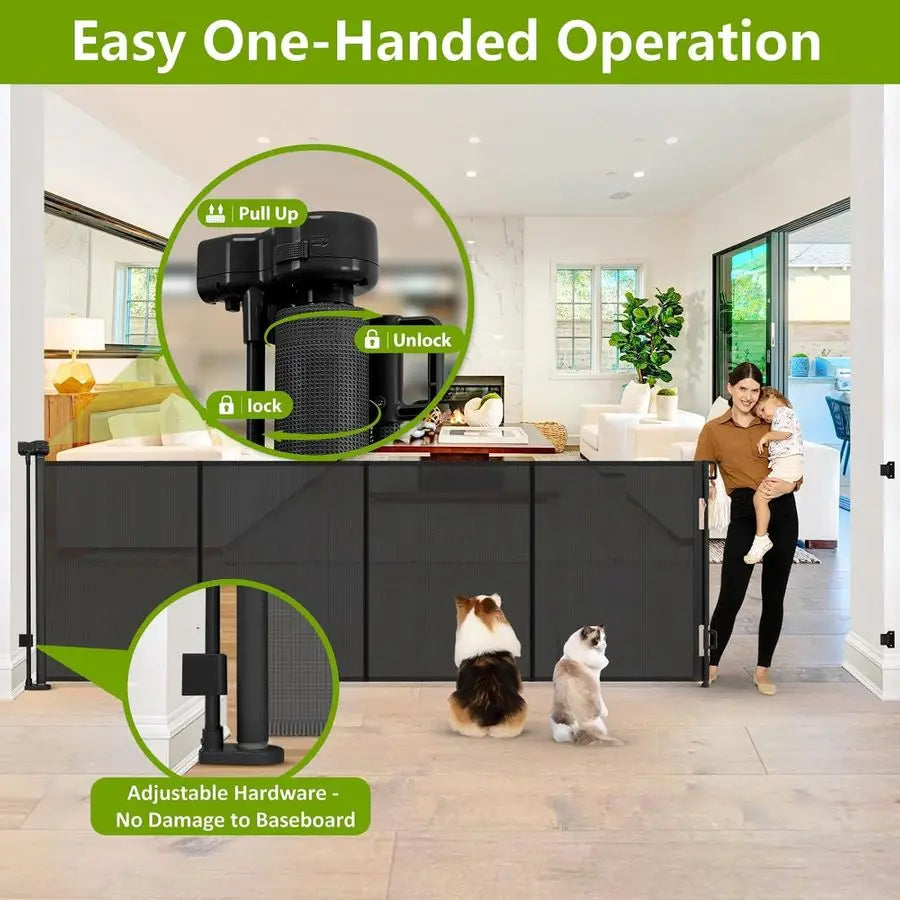 42" Tall Retractable Dog Gate, 155 Extra Long Retractable Baby Gate with Support Rods