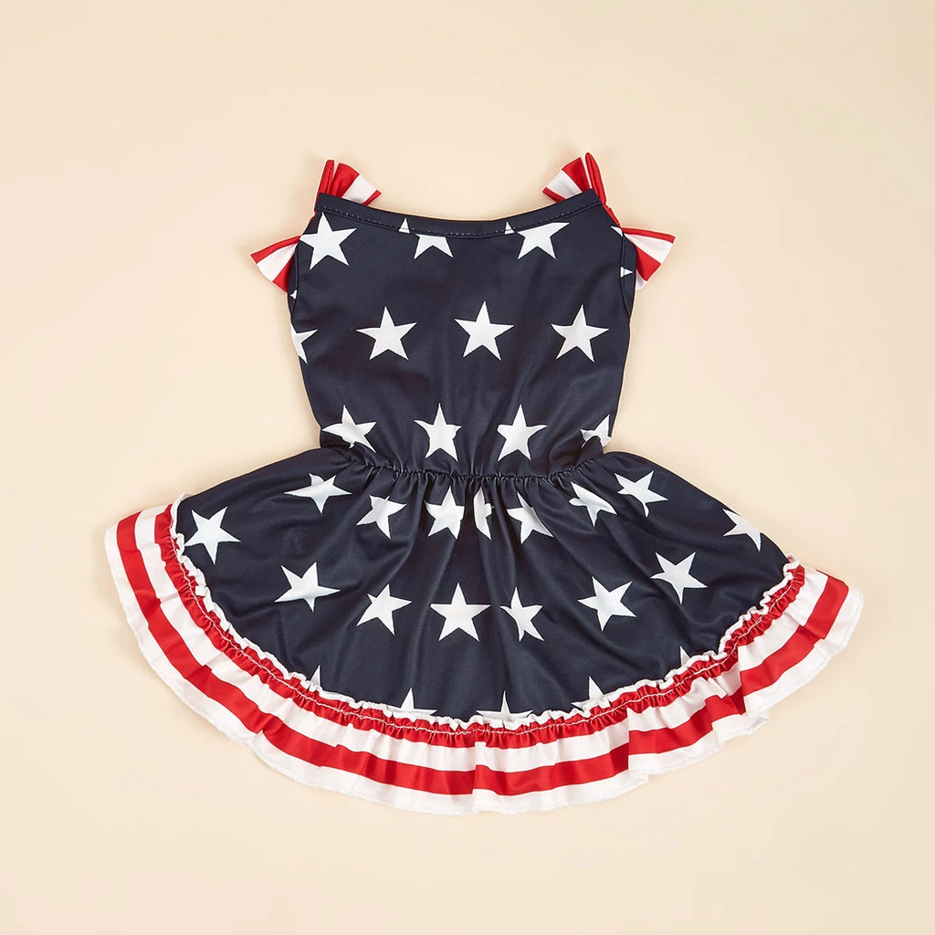 Striped Dress Shirt Cute Bowknot Sundress, American Flag Stars Printed Princess Summer Apparel Clothes with Ruffles