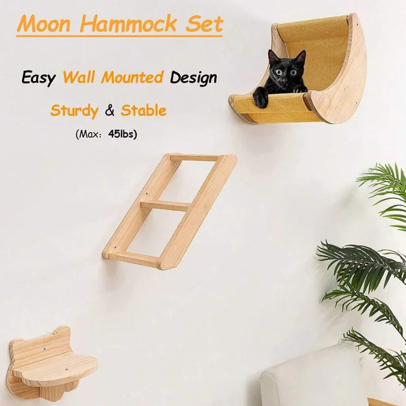 3pcs Cat Wall Furniture Set (Moon Cat Hammock + Wooden Cat Ladder + Cat Step)