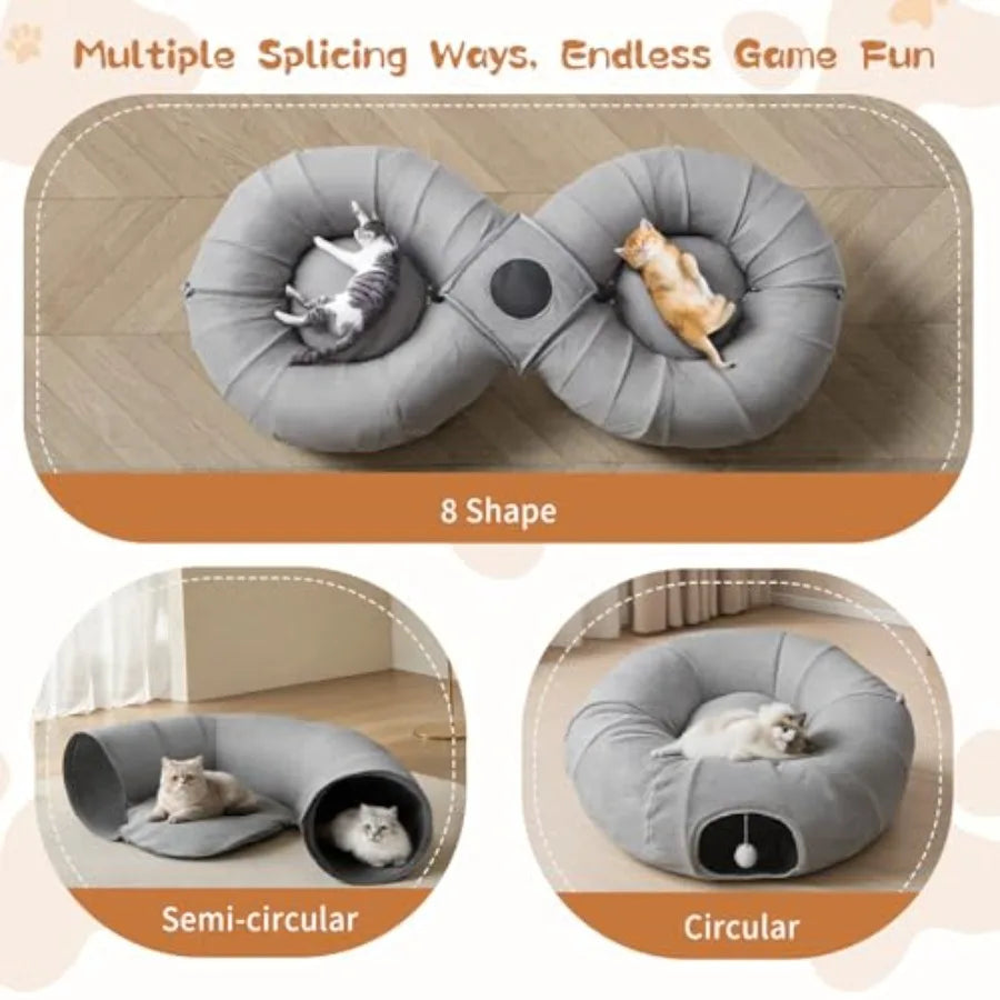 2-in-1 Cat Tunnel Bed for Indoor Cats, 8-Shaped Large Cat Tunnels with Plush Cushions, Foldable Cat Cave, Hideout Kitty Toys