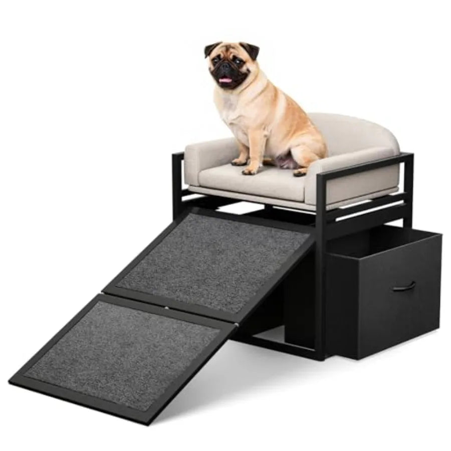 Non Slip Dog Ramp with Seat Storage, Drawers Extra Wide Metal Frame Chair for High Bed, Couch, Office.