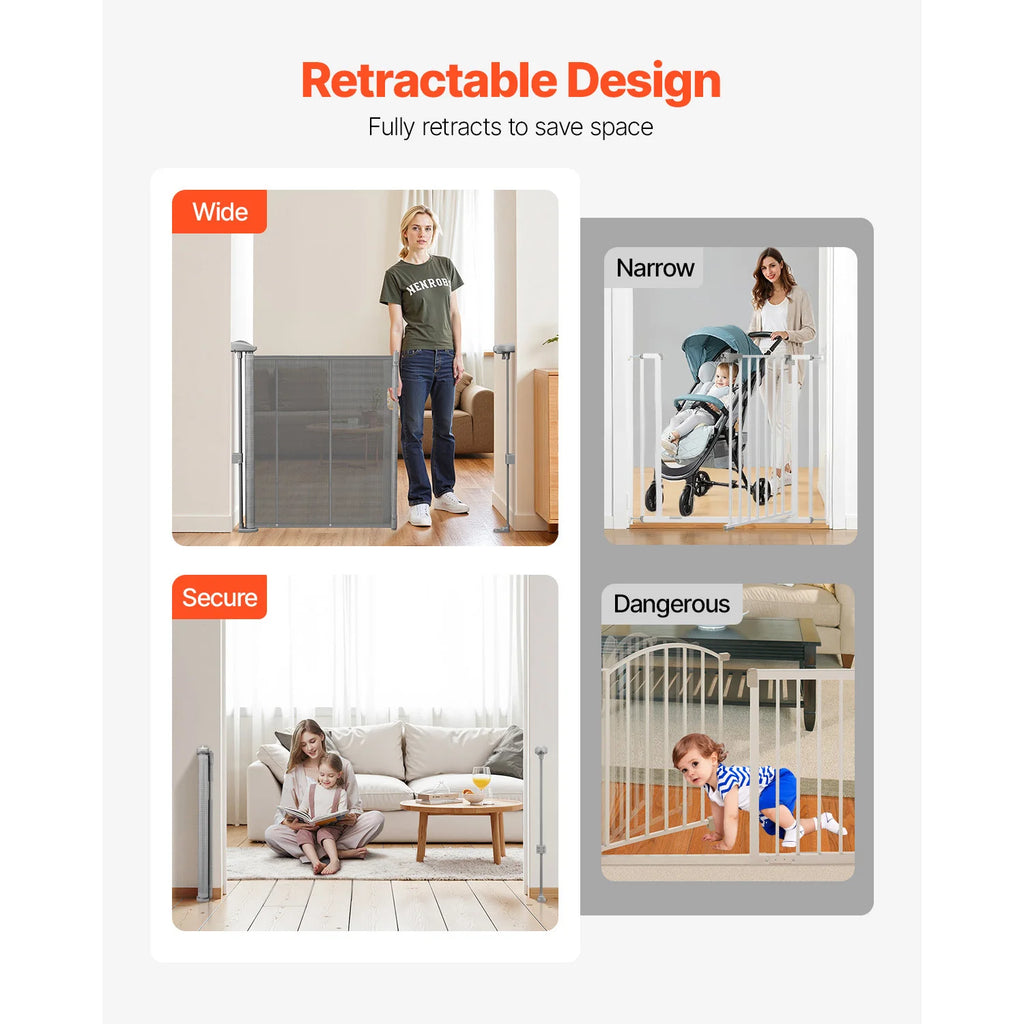 Retractable Baby Gate 34in Tall, Extends Wide, Retractable Gate for Kids, Pets, Mesh Material, Easy to Install