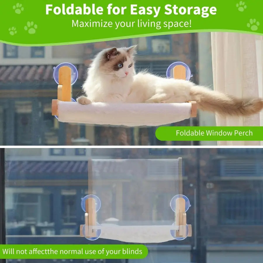Window Perch with Wooden Frame Foldable Cat Hammock Bed for Indoor Cats, Soft Rabbit Fur Cover, Washable, Strong Suction Cups
