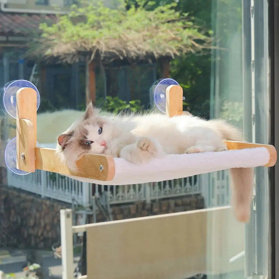 Window Perch with Wooden Frame Foldable Cat Hammock Bed for Indoor Cats, Soft Rabbit Fur Cover, Washable, Strong Suction Cups