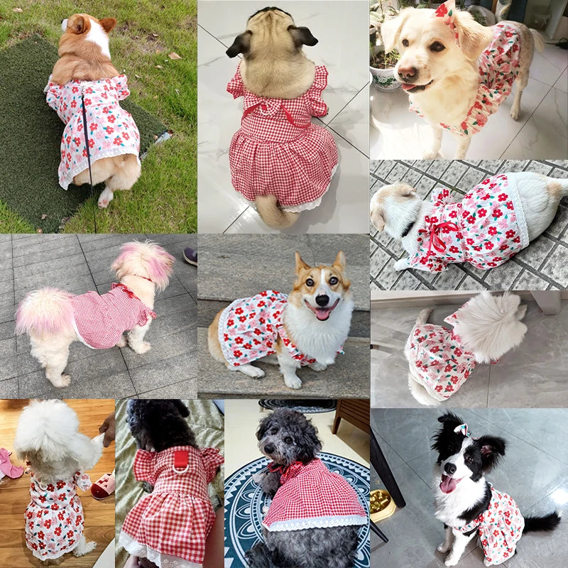 Summer Pet Dress Floral Pattern Plaid Skirts Cat Princess Dresses
