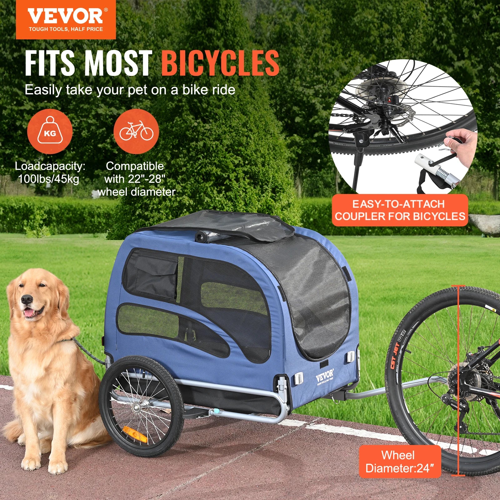 SucceBuy 100lbs Pet Cart, Bicycle Carrier, Bike Trailer with Coupler, Reflectors, Flag, Collapsible to Store for Dogs Travel