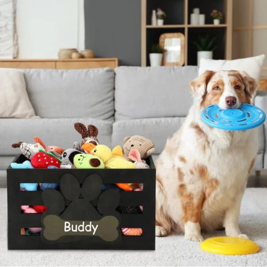 Dog Toy Basket, Wooden Bin Storage with Handles, Large Organizer with Paw Pattern