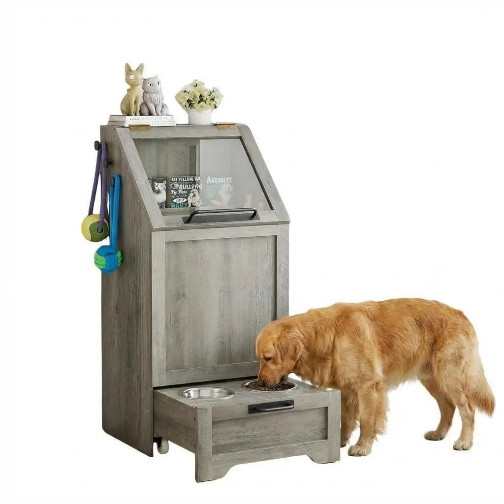 Dog Food Station ,Storage, Raised Bowls, Cabinet with Hanger for Feeding