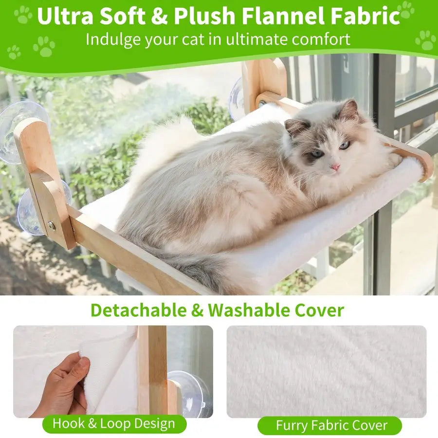 Window Perch with Wooden Frame Foldable Cat Hammock Bed for Indoor Cats, Soft Rabbit Fur Cover, Washable, Strong Suction Cups