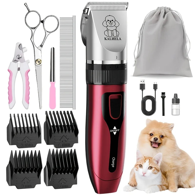 Professional Pet Grooming Clipper Kit. Rechargeable Hair Trimmer with Ceramic Blade.  USB Charging, Low Noise, Adjustable, Guide Combs for Dogs Cats and Small Animals Home Grooming Use