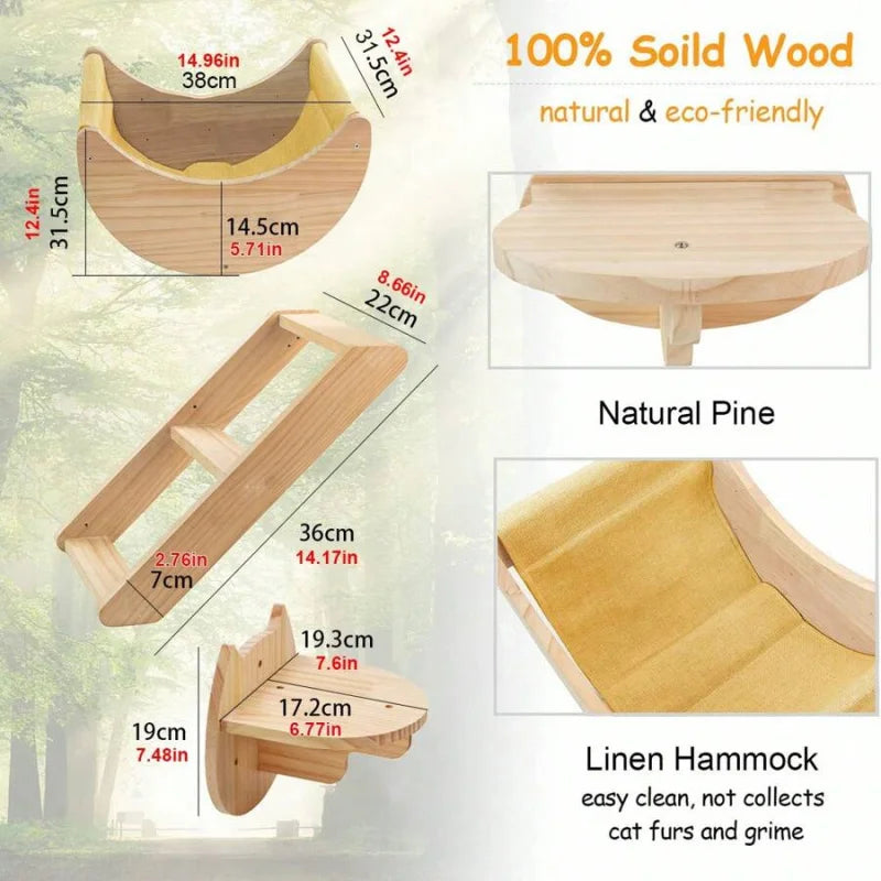 3pcs Cat Wall Furniture Set (Moon Cat Hammock + Wooden Cat Ladder + Cat Step)