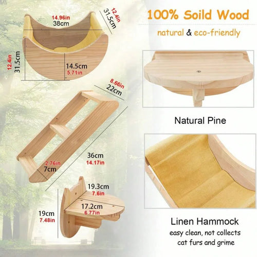 3pcs Cat Wall Furniture Set (Moon Cat Hammock + Wooden Cat Ladder + Cat Step)