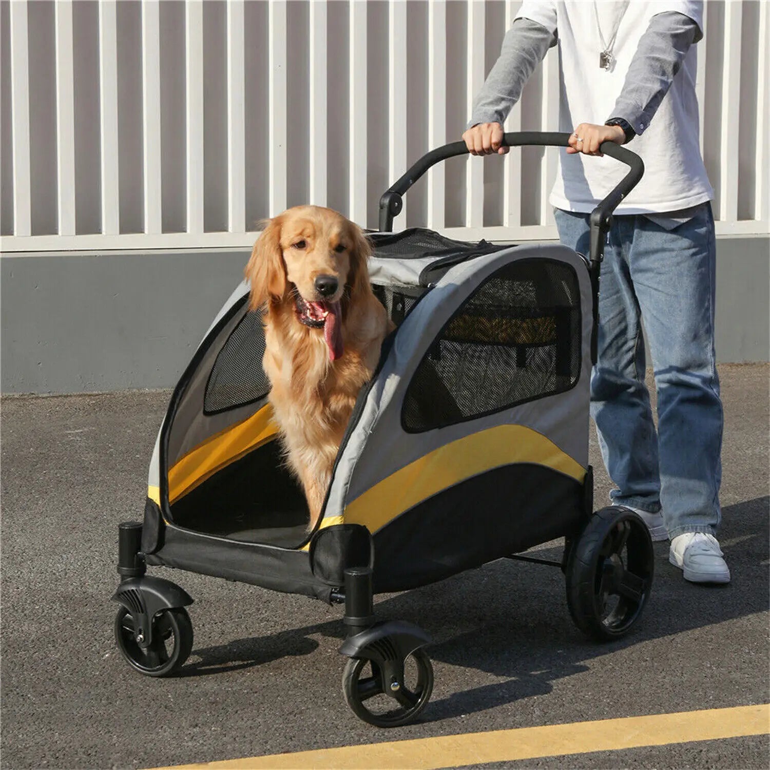 Heavy Duty Dog Stroller, Foldable Pet Trolley Carrier Double Door Jogger Cart for Large Dogs, Outdoor Walking Exercise 30 Inch