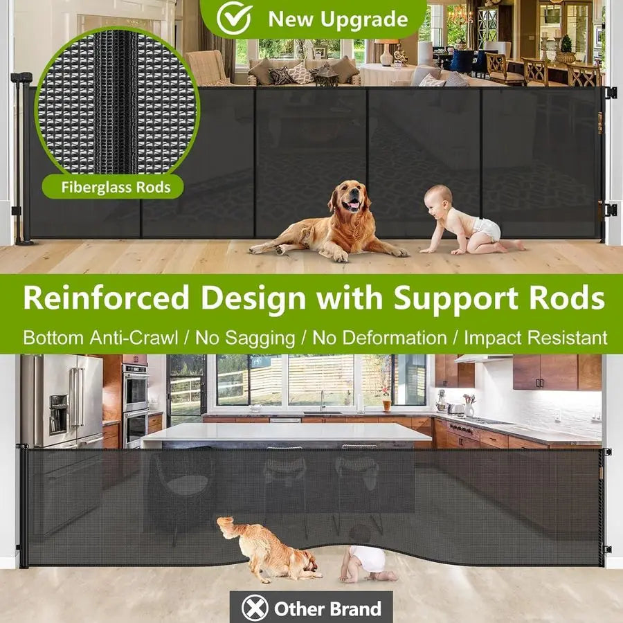42" Tall Retractable Dog Gate, 155 Extra Long Retractable Baby Gate with Support Rods