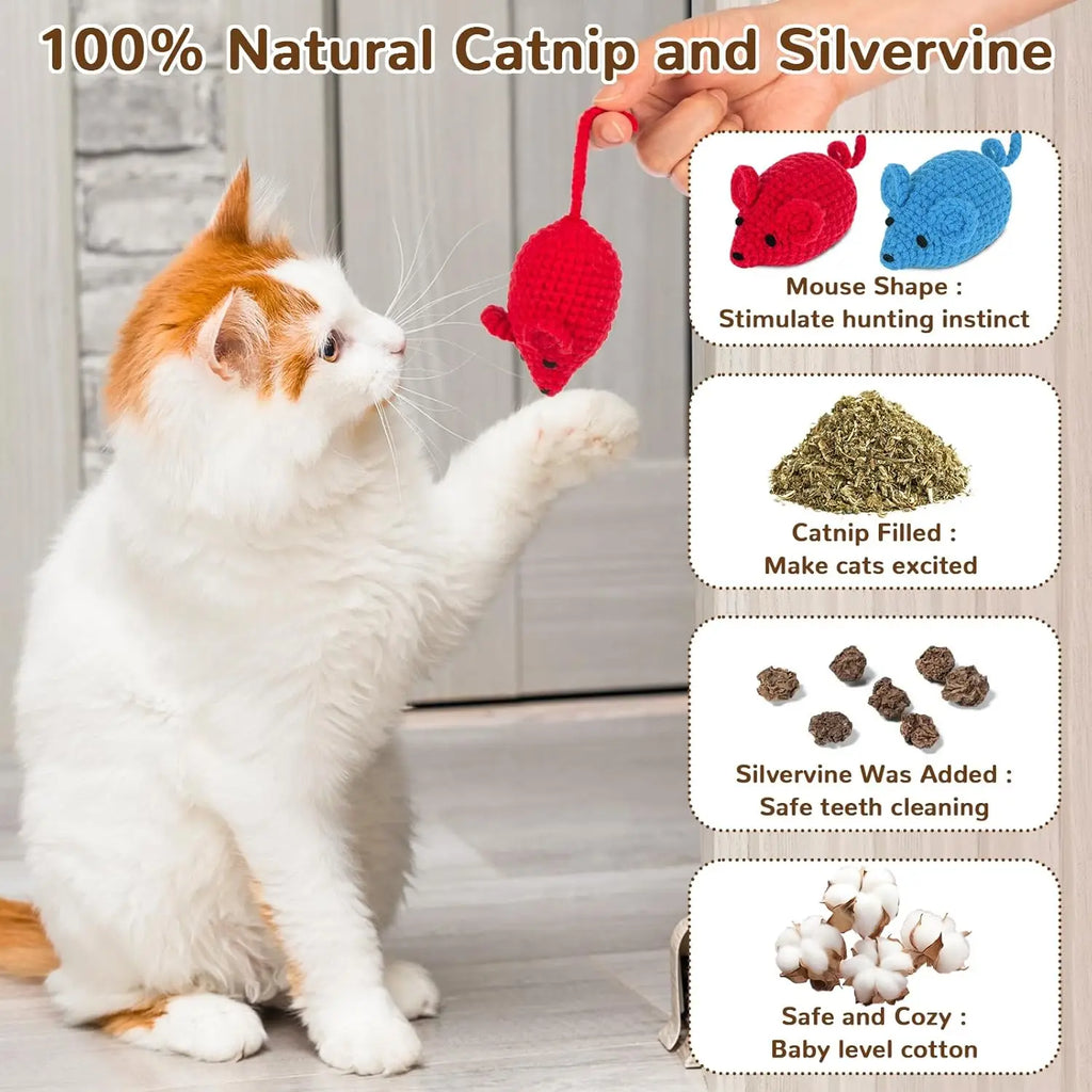 Handmade Crochet Catnip Mice Toys, 6-Pack Interactive Chew Toys for Indoor Kittens with Natural Catnip Blend