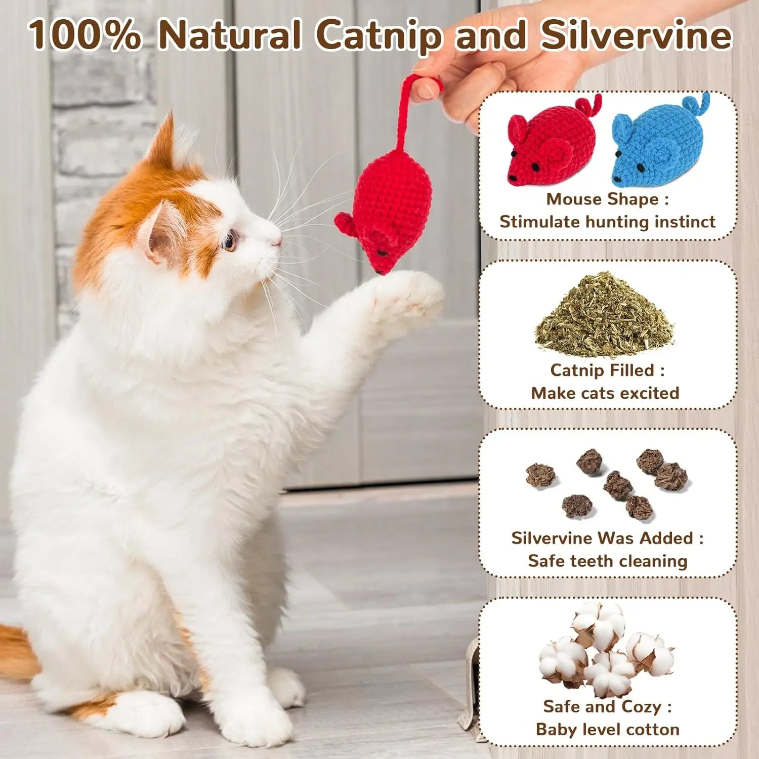 Handmade Crochet Catnip Mice Toys, 6-Pack Interactive Chew Toys for Indoor Kittens with Natural Catnip Blend