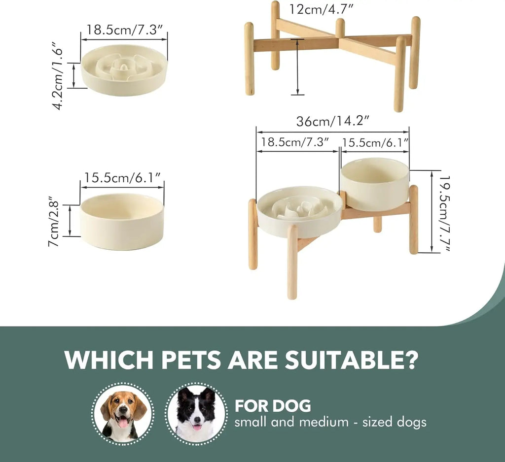 Ceramic, Raised, Slow Feeder Bowl, Wooden Stand, Medium and Small Dogs, Anti-Gulping