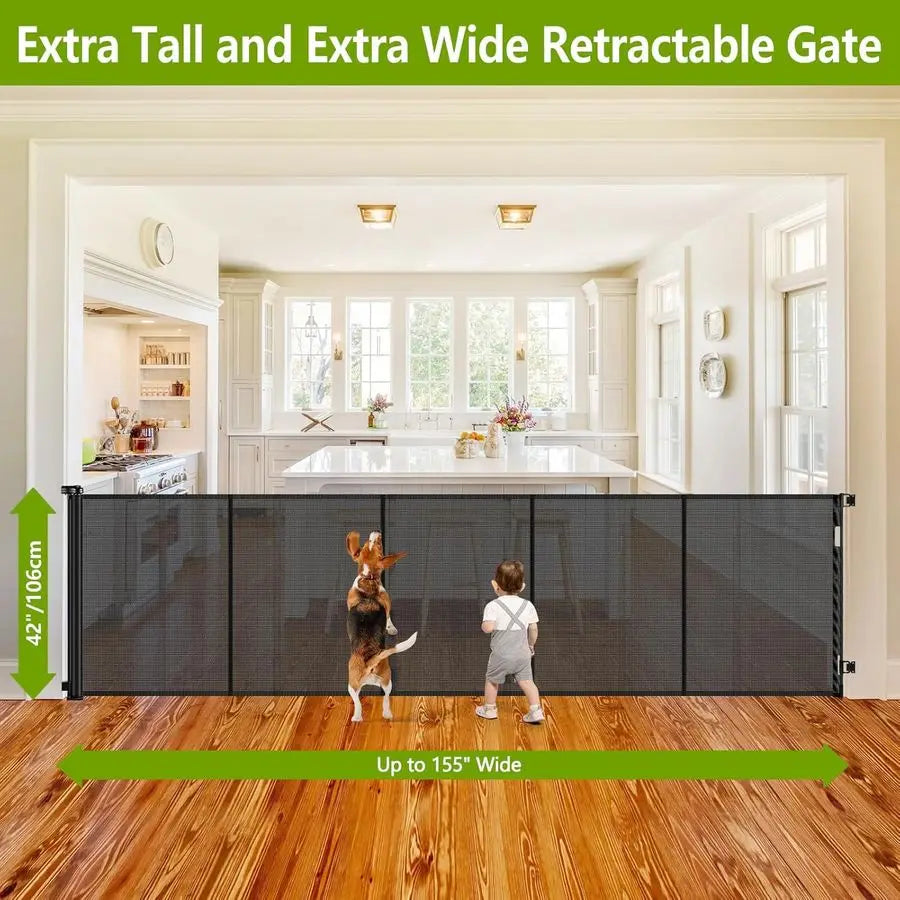 42" Tall Retractable Dog Gate, 155 Extra Long Retractable Baby Gate with Support Rods