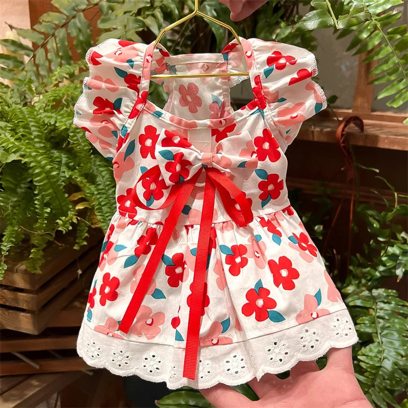 Summer Pet Dress Floral Pattern Plaid Skirts Cat Princess Dresses