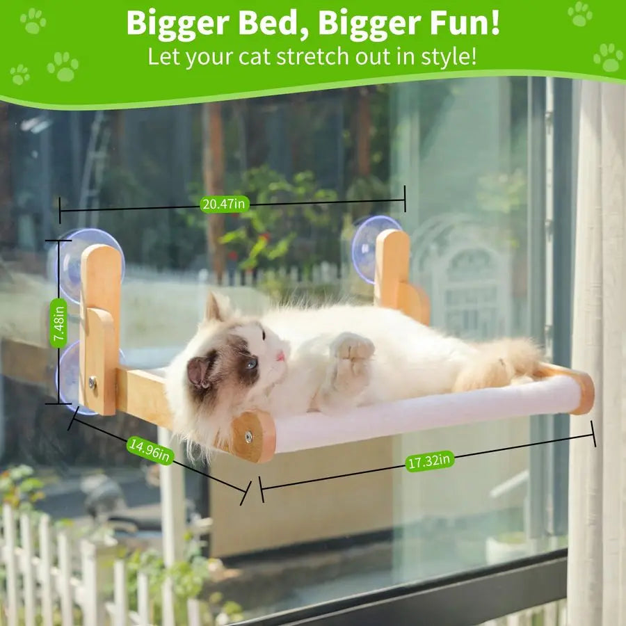 Window Perch with Wooden Frame Foldable Cat Hammock Bed for Indoor Cats, Soft Rabbit Fur Cover, Washable, Strong Suction Cups