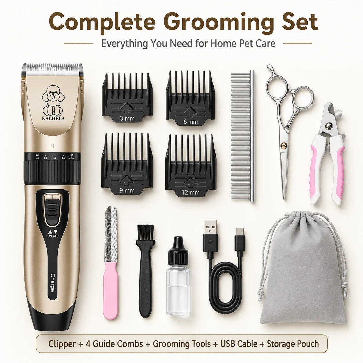 Professional Pet Grooming Clipper Kit. Rechargeable Hair Trimmer with Ceramic Blade.  USB Charging, Low Noise, Adjustable, Guide Combs for Dogs Cats and Small Animals Home Grooming Use