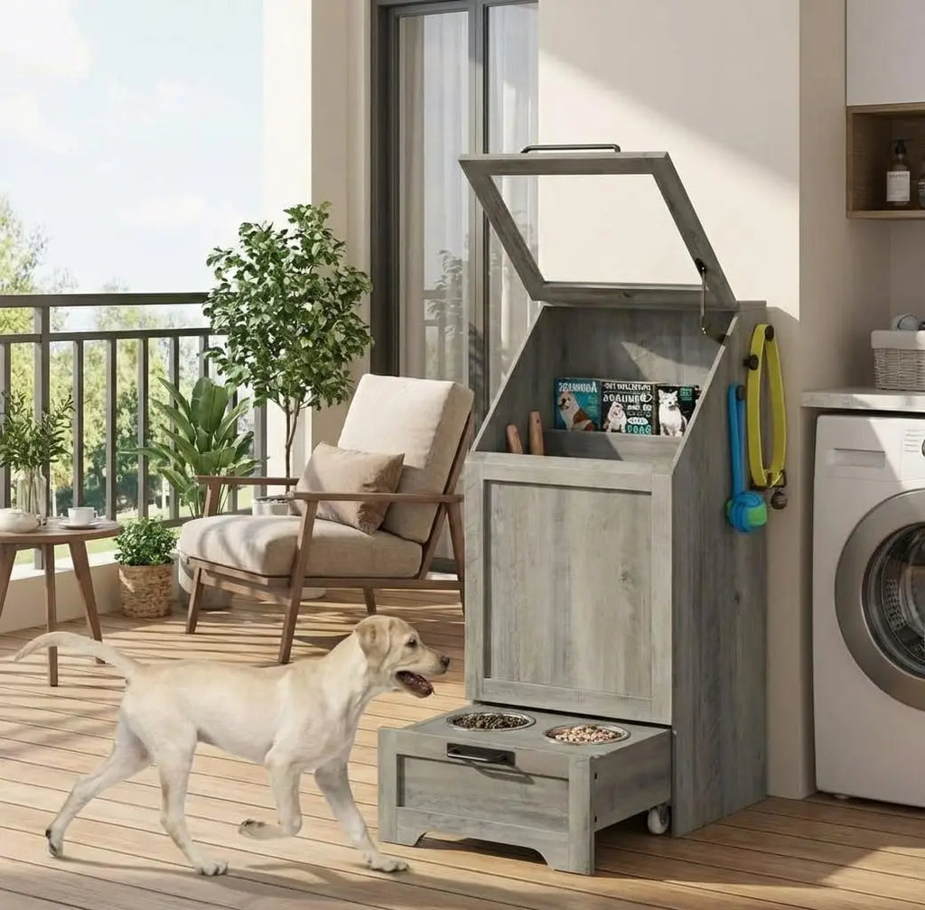 Dog Food Station ,Storage, Raised Bowls, Cabinet with Hanger for Feeding