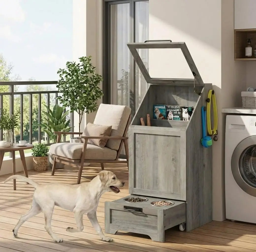 Dog Food Station ,Storage, Raised Bowls, Cabinet with Hanger for Feeding