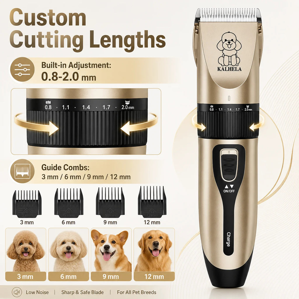 Professional Pet Grooming Clipper Kit. Rechargeable Hair Trimmer with Ceramic Blade.  USB Charging, Low Noise, Adjustable, Guide Combs for Dogs Cats and Small Animals Home Grooming Use