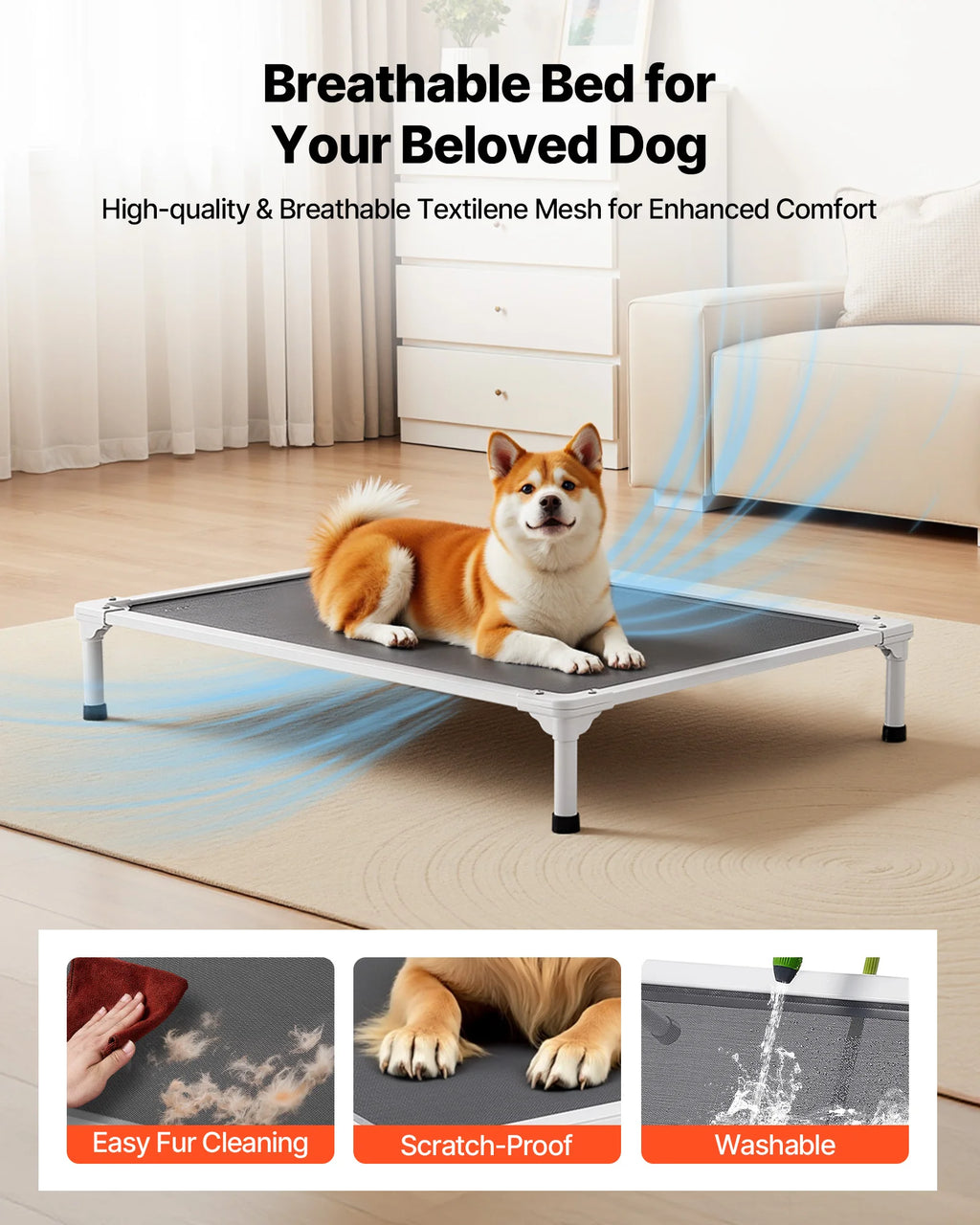 SucceBuy Elevated Dog Bed for Large Dogs Portable, Raised Dog Cot with Aluminum Tube Metal Frame and Breathable Textilene Mesh