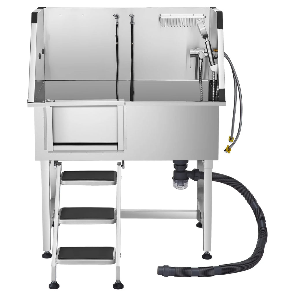 SucceBuy Stainless Steel Dog Washing Station, 38in Pet Grooming Tub w/Storage, Stairs, Faucet, Showerhead & Soap Holder
