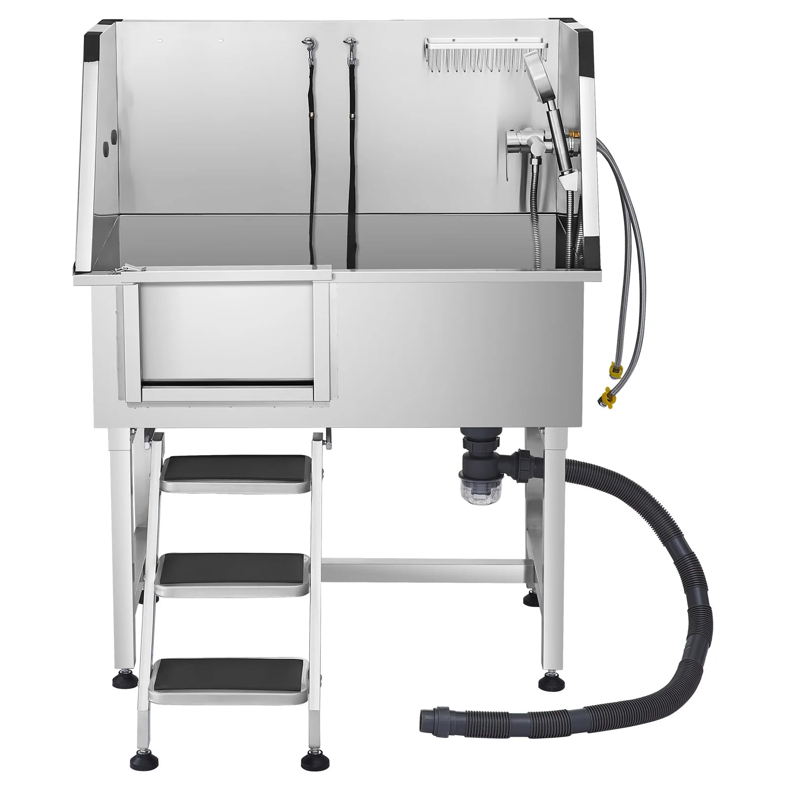 SucceBuy Stainless Steel Dog Washing Station, 38in Pet Grooming Tub w/Storage, Stairs, Faucet, Showerhead & Soap Holder