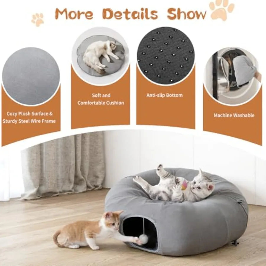2-in-1 Cat Tunnel Bed for Indoor Cats, 8-Shaped Large Cat Tunnels with Plush Cushions, Foldable Cat Cave, Hideout Kitty Toys