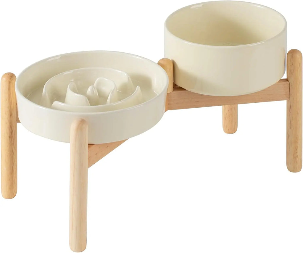Ceramic, Raised, Slow Feeder Bowl, Wooden Stand, Medium and Small Dogs, Anti-Gulping