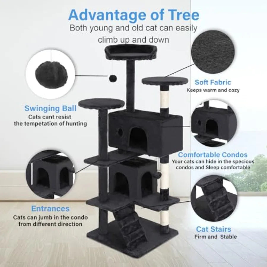 Cat Tree Tower, Multi-Level Indoor Activity Center, Sisal Scratching Posts, Condos, Plush Perches