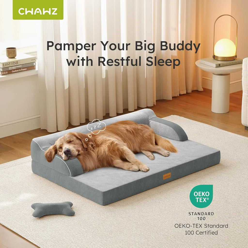 Extra Large Orthopedic Dog Bed with Cooling Memory Foam, Washable, Waterproof Cover and Nonslip Bottom, Light Grey