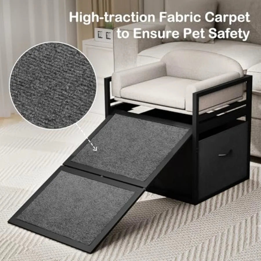 Non Slip Dog Ramp with Seat Storage, Drawers Extra Wide Metal Frame Chair for High Bed, Couch, Office.