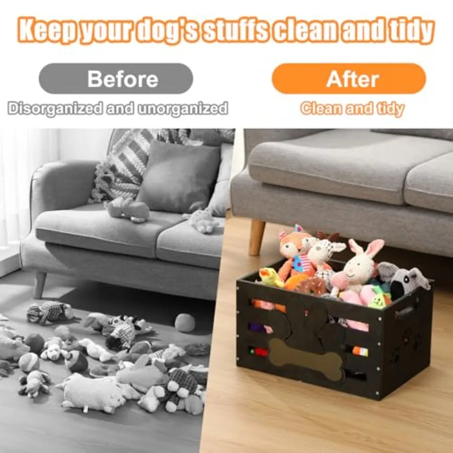 Dog Toy Basket, Wooden Bin Storage with Handles, Large Organizer with Paw Pattern
