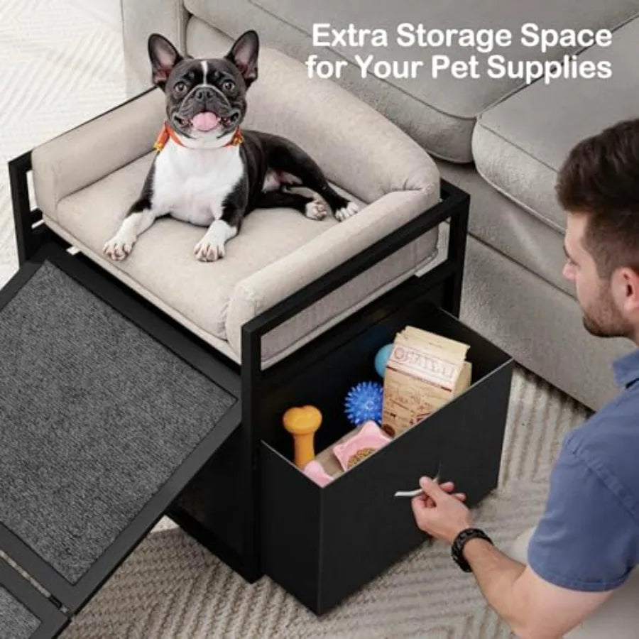 Non Slip Dog Ramp with Seat Storage, Drawers Extra Wide Metal Frame Chair for High Bed, Couch, Office.
