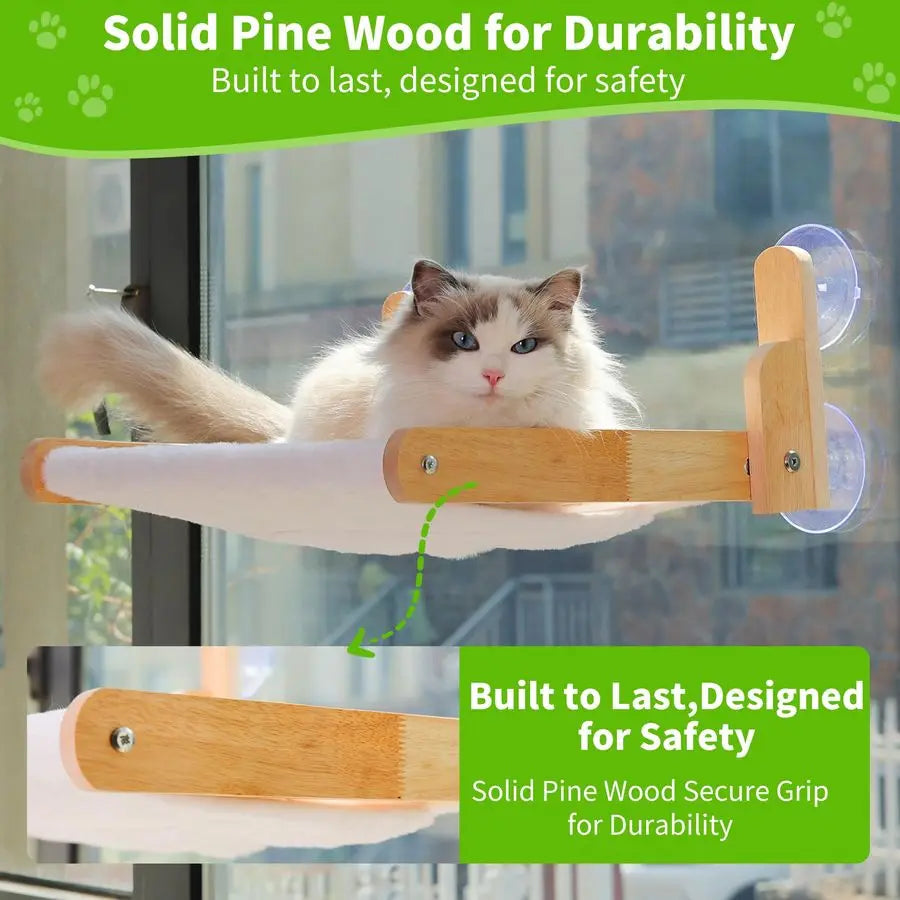 Window Perch with Wooden Frame Foldable Cat Hammock Bed for Indoor Cats, Soft Rabbit Fur Cover, Washable, Strong Suction Cups