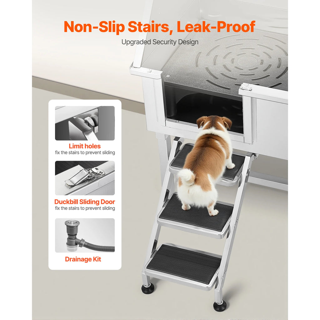 SucceBuy Stainless Steel Dog Washing Station, 38in Pet Grooming Tub w/Storage, Stairs, Faucet, Showerhead & Soap Holder