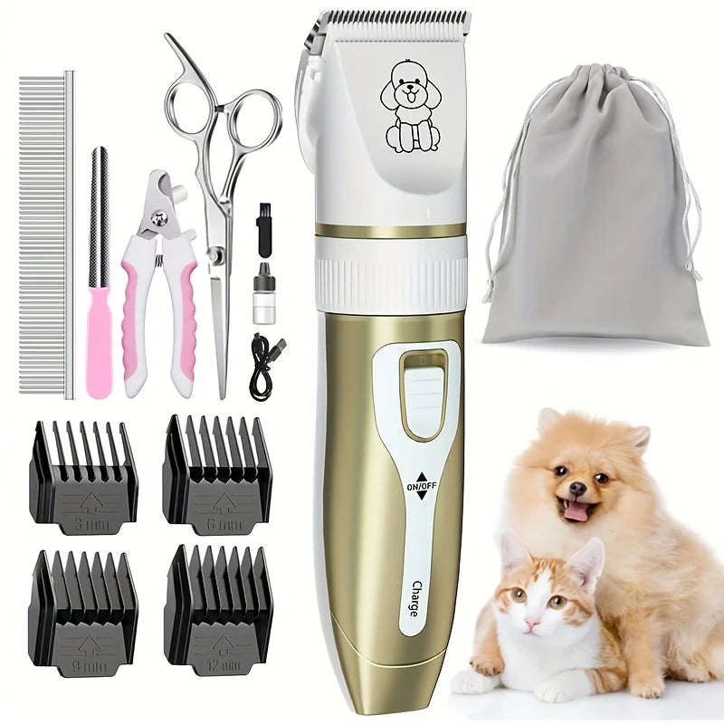 Professional Pet Grooming Clipper Kit. Rechargeable Hair Trimmer with Ceramic Blade.  USB Charging, Low Noise, Adjustable, Guide Combs for Dogs Cats and Small Animals Home Grooming Use