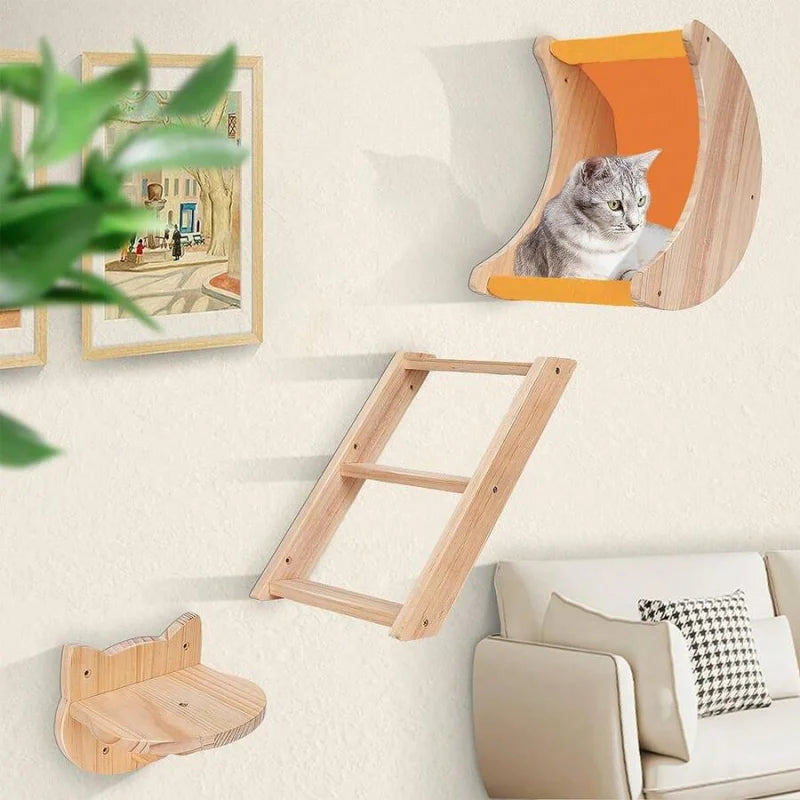 3pcs Cat Wall Furniture Set (Moon Cat Hammock + Wooden Cat Ladder + Cat Step)