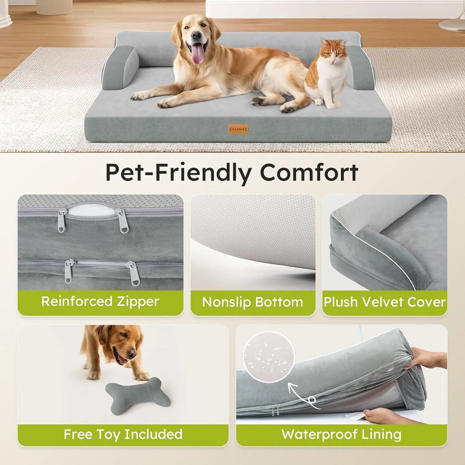 Extra Large Orthopedic Dog Bed with Cooling Memory Foam, Washable, Waterproof Cover and Nonslip Bottom, Light Grey
