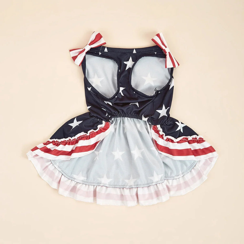 Striped Dress Shirt Cute Bowknot Sundress, American Flag Stars Printed Princess Summer Apparel Clothes with Ruffles